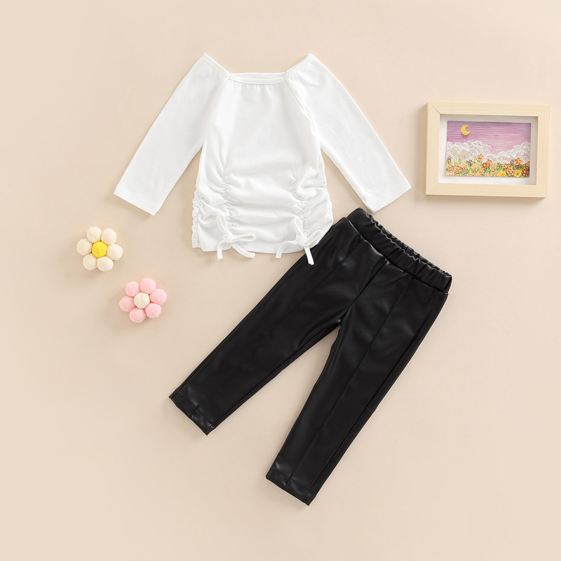 2 tk Väikelaste beebiriided Tüdrukute sügisrõivad, pikkade varrukatega, nööriga topid, nahkpüksid, laste moerõivaste komplekt