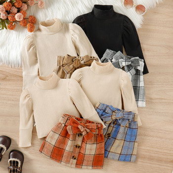 Екипировка от кадифена пола за малко бебе, момиче, плътен плетен пуловер, пуловер, риза с волани и дълги ръкави, карирана пола с принт Есенно-зимен комплект