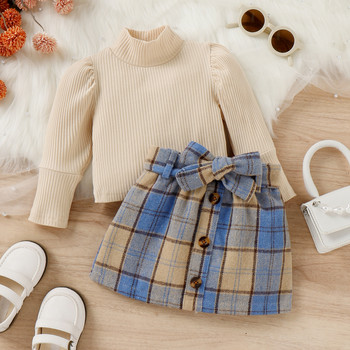 Екипировка от кадифена пола за малко бебе, момиче, плътен плетен пуловер, пуловер, риза с волани и дълги ръкави, карирана пола с принт Есенно-зимен комплект