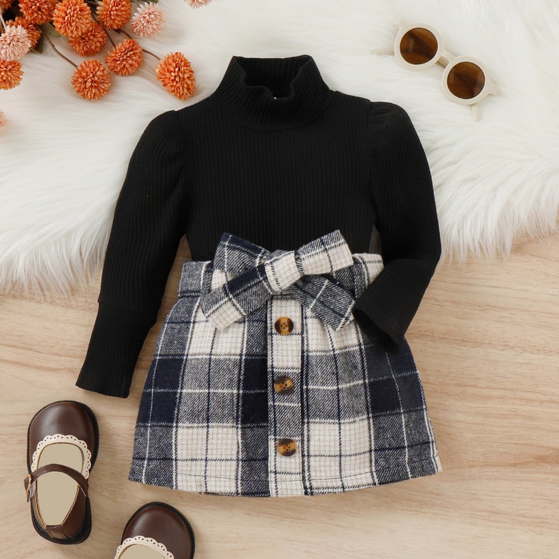 Väikelapse beebitüdruku velvetist seelik komplekt Soliidne kootud pullover kampsun pikkade varrukatega volangsärk Ruuduline seelik, sügistalvine komplekt