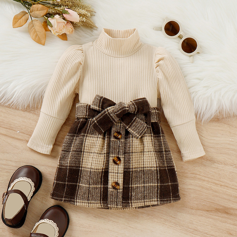 Väikelapse beebitüdruku velvetist seelik komplekt Soliidne kootud pullover kampsun pikkade varrukatega volangsärk Ruuduline seelik, sügistalvine komplekt