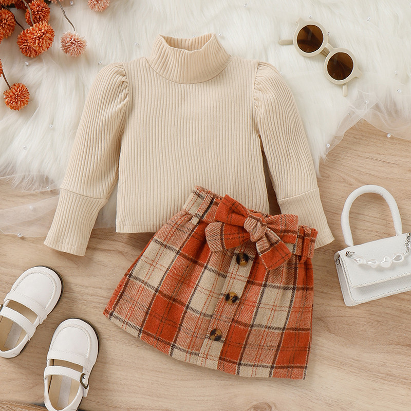 Väikelapse beebitüdruku velvetist seelik komplekt Soliidne kootud pullover kampsun pikkade varrukatega volangsärk Ruuduline seelik, sügistalvine komplekt