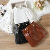 2 бр. Едноцветни дрехи за момичета с дълги ръкави, ризи с яка и кожени комплекти с A-силует за есенни дрехи за малки деца