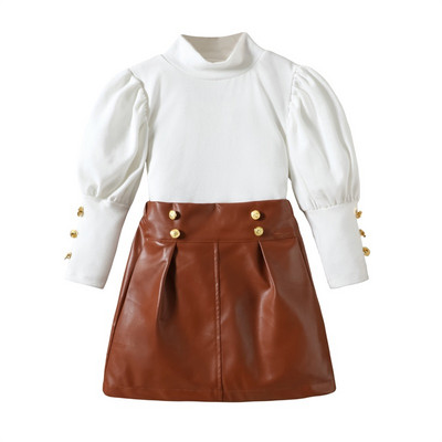 2 бр. Едноцветни дрехи за момичета с дълги ръкави, ризи с яка и кожени комплекти с A-силует за есенни дрехи за малки деца