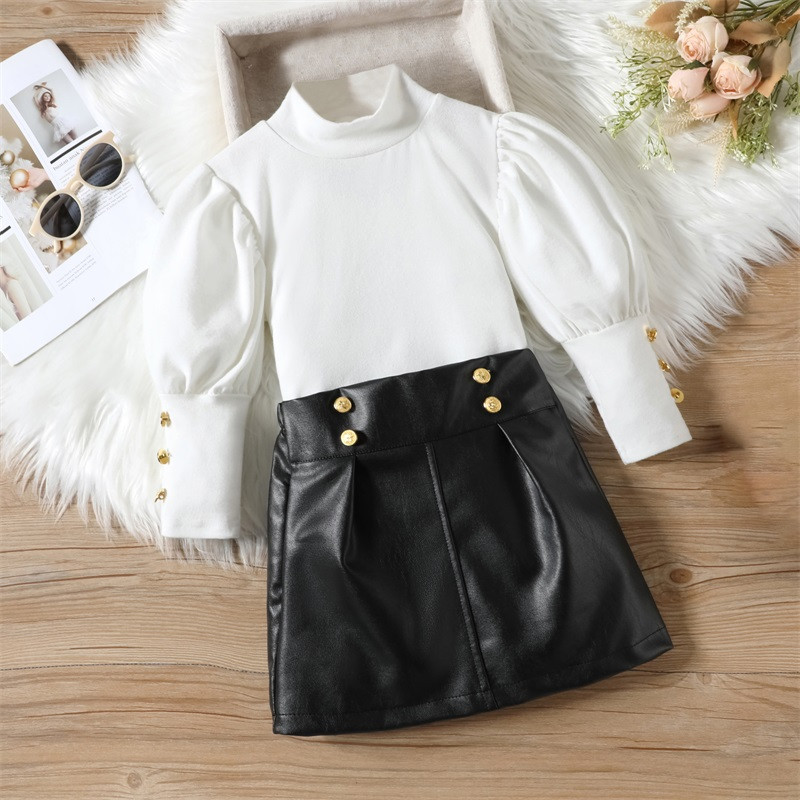 2 tk väikelaste tüdrukute riided, ühevärvilised pikkade varrukatega kilpkonnaga särgid ja nahast A-joonega seelikukomplekt väikelaste sügisriiete jaoks