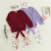 BeQeuewll kisgyermek kislány őszi ruhák csokornyakkendő kivágás hosszú ujjú felsők és virágos nadrágok fejpánt aranyos ruhakészlet divat