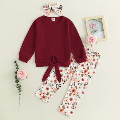 BeQeuewll kisgyermek kislány őszi ruhák csokornyakkendő kivágás hosszú ujjú felsők és virágos nadrágok fejpánt aranyos ruhakészlet divat