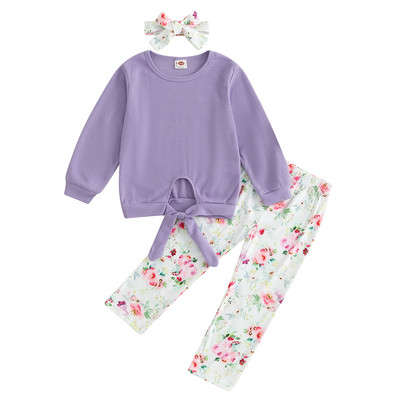 BeQeuewll kisgyermek kislány őszi ruhák csokornyakkendő kivágás hosszú ujjú felsők és virágos nadrágok fejpánt aranyos ruhakészlet divat