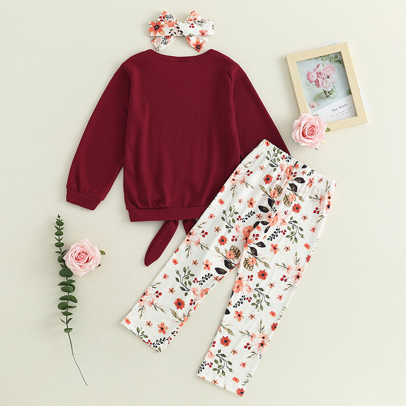 BeQeuewll kisgyermek kislány őszi ruhák csokornyakkendő kivágás hosszú ujjú felsők és virágos nadrágok fejpánt aranyos ruhakészlet divat