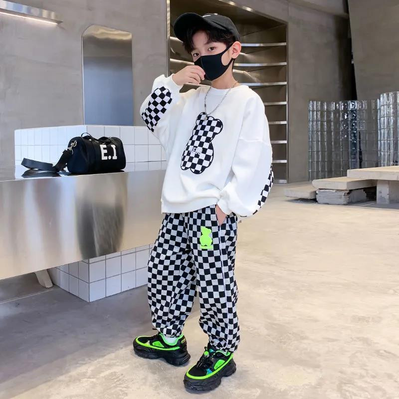 Hanorac băieți contrast + Seturi de pantaloni de sport în carouri Trening pentru școală Copii Costum Jogger Studenți Ținute 2 piese 5-16 ani