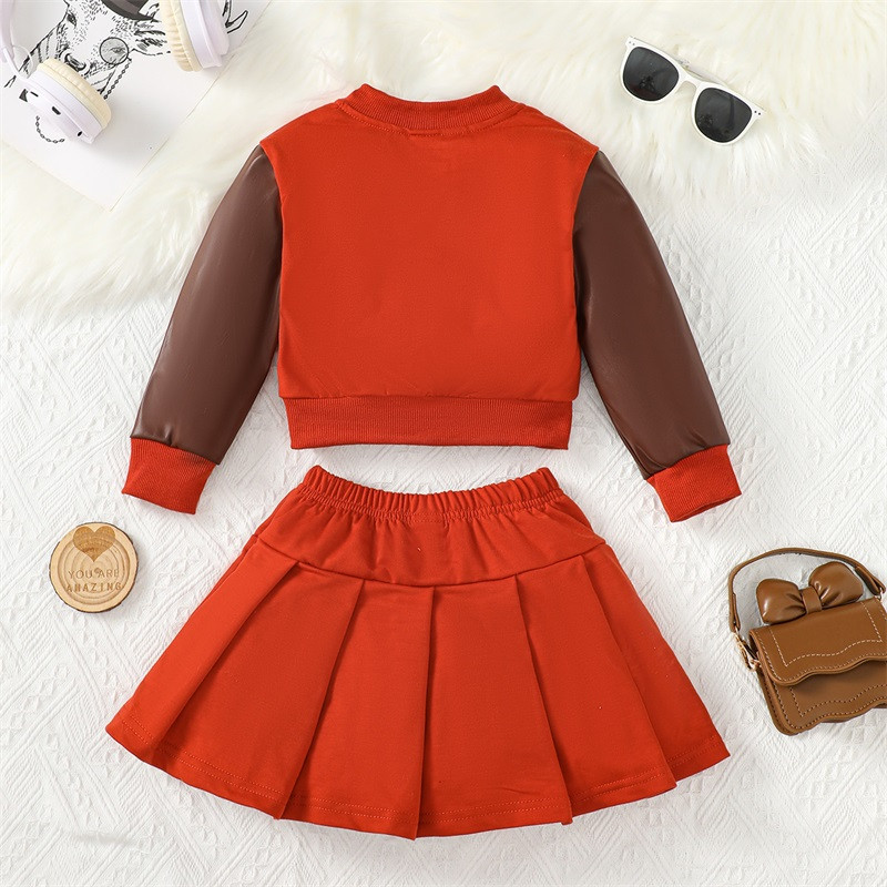 Πριγκίπισσα Παιδική Κοντράστ Χρώμα Κοστούμι δύο τεμαχίων μπουφάν μπέιζμπολ πλισέ φούστα σετ για φθινοπωρινά ανοιξιάτικα ρούχα