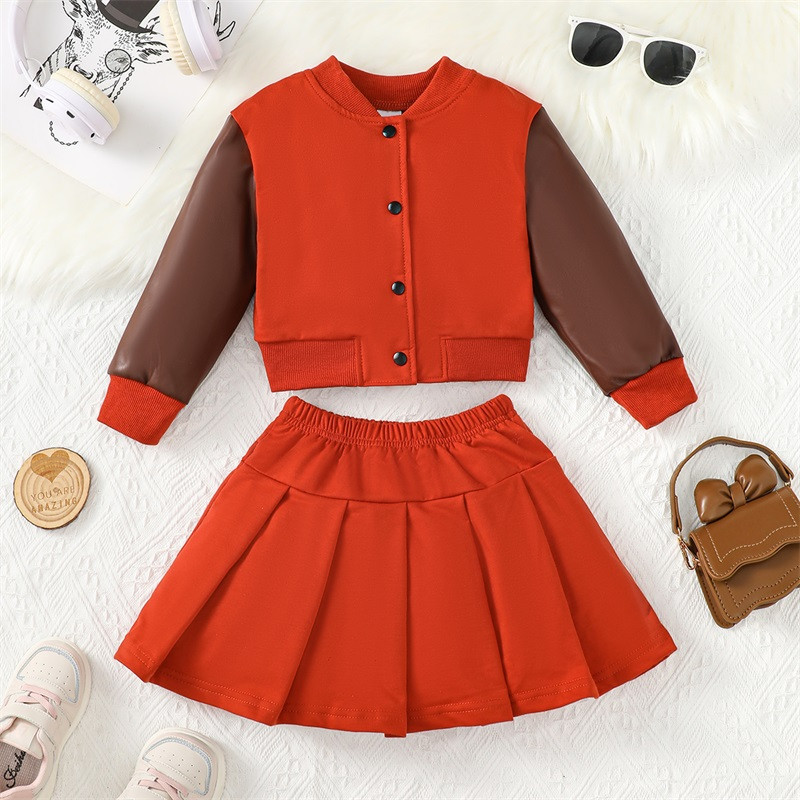 Πριγκίπισσα Παιδική Κοντράστ Χρώμα Κοστούμι δύο τεμαχίων μπουφάν μπέιζμπολ πλισέ φούστα σετ για φθινοπωρινά ανοιξιάτικα ρούχα