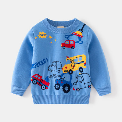 Uus 2023. aasta sügistalvine beebipoiste ümmargune kaelus, paks pullover kampsun, laste multifilm, auto žakaarmass, soe kootud kampsun, topsid