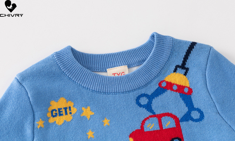 Uus 2023. aasta sügistalvine beebipoiste ümmargune kaelus, paks pullover kampsun, laste multifilm, auto žakaarmass, soe kootud kampsun, topsid