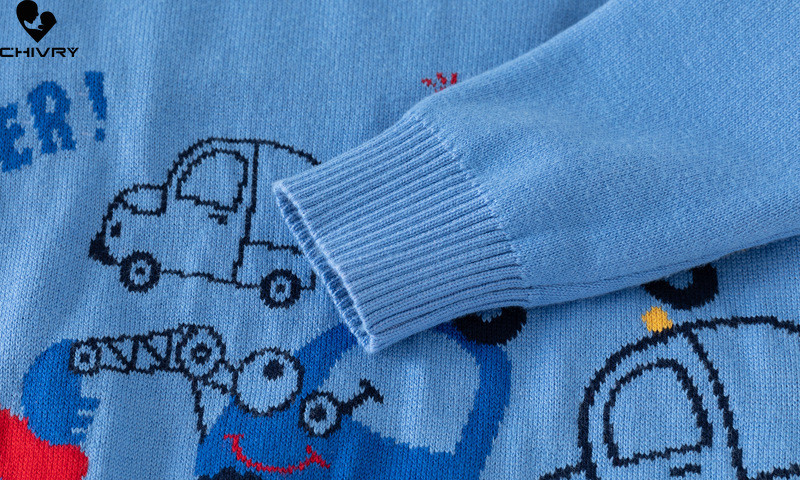 Uus 2023. aasta sügistalvine beebipoiste ümmargune kaelus, paks pullover kampsun, laste multifilm, auto žakaarmass, soe kootud kampsun, topsid