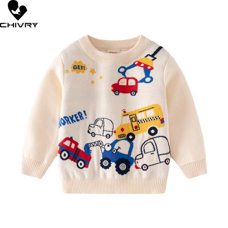 Uus 2023. aasta sügistalvine beebipoiste ümmargune kaelus, paks pullover kampsun, laste multifilm, auto žakaarmass, soe kootud kampsun, topsid