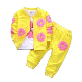 2023 г. Истинско детско облекло Roupas Infantis, пролет и есен, ново момиче, детски костюм от три части с принт от чист памук 0-4 години
