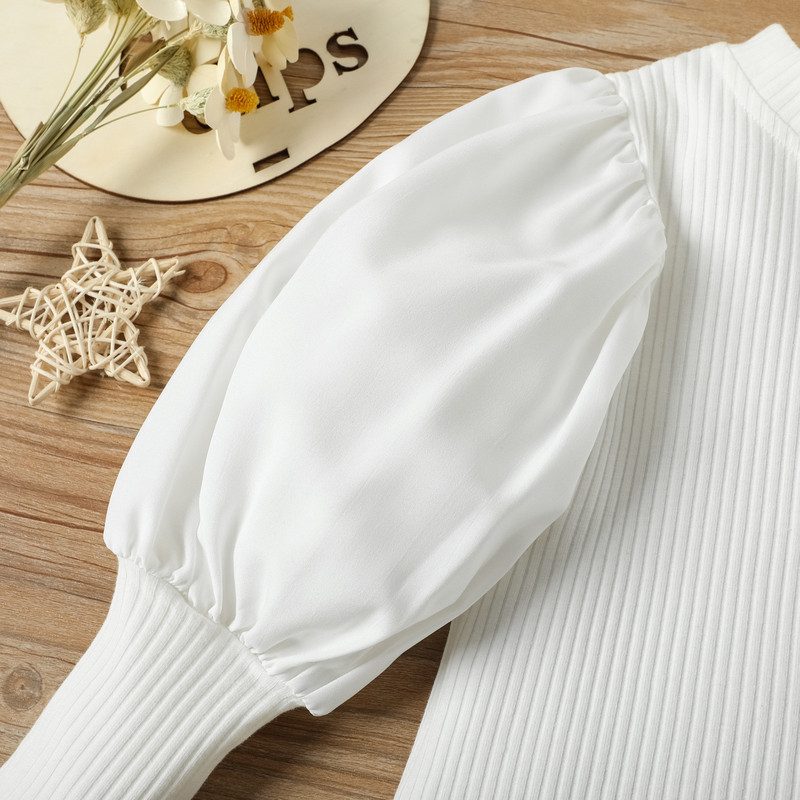 Set de haine pentru fete la modă elegantă pentru copii, cu mâneci bufante, bluză cu nervuri, tricou, pantaloni lungi din piele PU, cu centură, 2 buc. costum fete