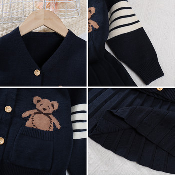 Комплект пуловер за момичета Melario Есенен плетен комплект с дълъг ръкав Нов комплект от две части за момичета с V-образно деколте с щампа на малко мече + плисирана пола