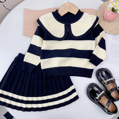 Melario tüdrukute kampsunide komplekt sügisene pikkade varrukatega kudumikomplekt uus tüdrukute V-kaelusega Little Bear trükitud kudum top + plisseeritud seelik kaheosaline komplekt