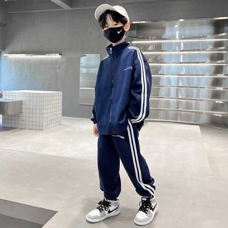 Tavaszi őszi fiúk sötétkék csíkos cipzáras pulóverek kabátok + melegítőnadrág szettek Iskolai gyerekek tréningruha Gyerekruha futóruha 5-16 éves korig