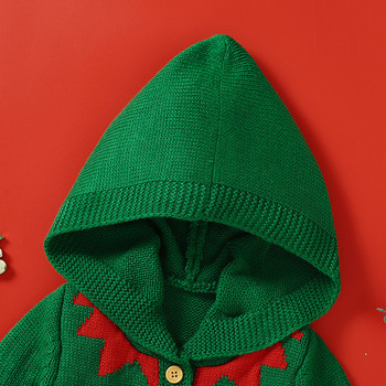 Коледни бебешки пуловери Плетено новородено момиче Момче Зелено палто Модно бебешко коледно облекло с качулка Сладки бонбони Връхни дрехи с дълъг ръкав