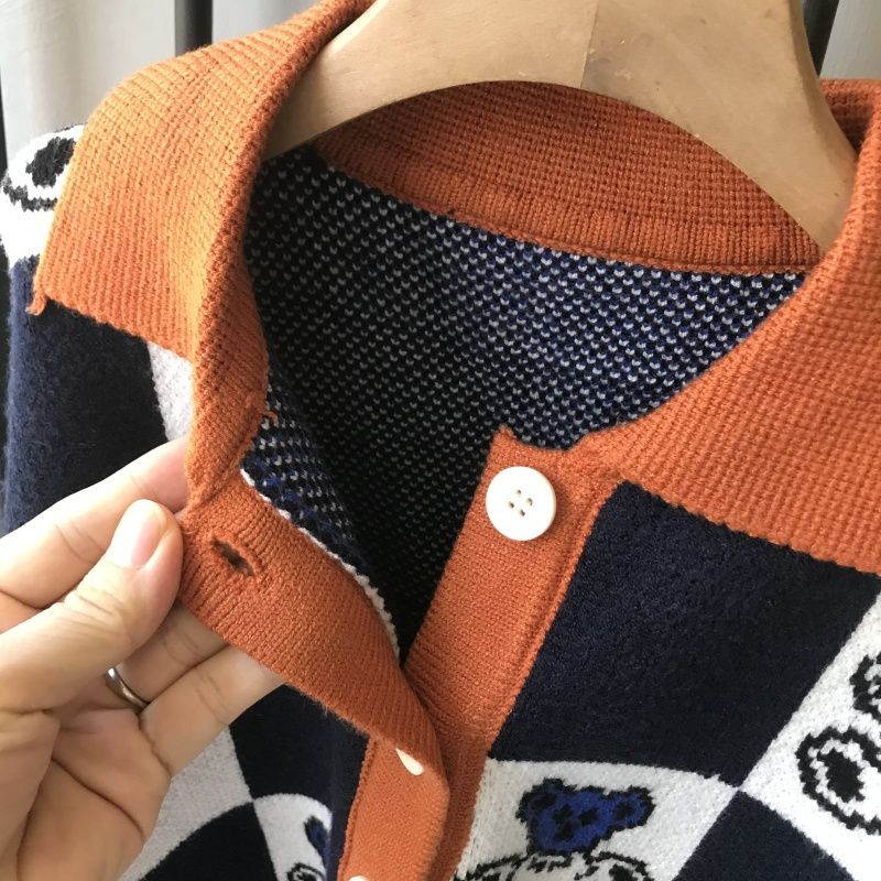 Fiúk Őszi pulóverek Gyermek hosszú ujjú kabát Gyerek kardigán felső Lány rajzfilm Kötött Rajzfilm Pulóver Felsőruházat Kockás ruházat