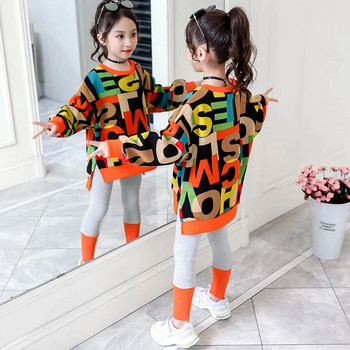 2022 г. Нови детски дрехи Костюм Есенно облекло за момичета Модни ежедневни големи детски пуловер с букви + комплект клинове от две части
