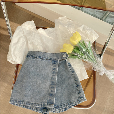 Set haine pentru copii Noua vară pentru fete Moda bluză din dantelă Top și pantaloni scurți din blugi Stil coreean Copii mici Pantaloni casual Blugi 2 buc 2-7 ani