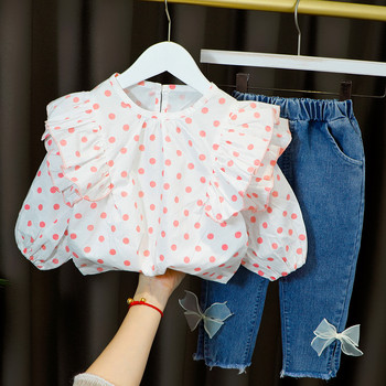 Сладки дрехи за дете Комплект облекло за бебе момиче Модна дантелена яка на точки + Панталони с дълги дънкови панделки Детско облекло 1 2 3 4 години