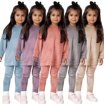 2023 Пролет, детски момичешки кадифен костюм, панталони с дълъг ръкав, едноцветни дрехи за бебета, малко дете, момче, пуловер, комплект суичъри, тийнейджърски тоалети