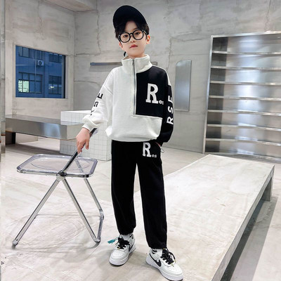 Poiste vahvlikontrasttähestikuline pooltõmblukuga nööriga dressipluus + dressipükste komplektid laste dressid, laps, 2tk.