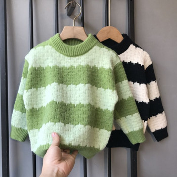 Нов есенно-зимен пуловер за момчета с ивици и жакардови долнища с кръгло деколте за 2-10 години, детски плетени пуловери
