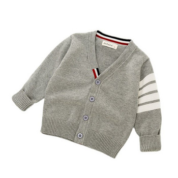 Нов детски пролетен есенен раиран плетен пуловер с дълъг ръкав за момчета и момичета от чист памук Пуловери с V-образно деколте Детско палто 0-7 г