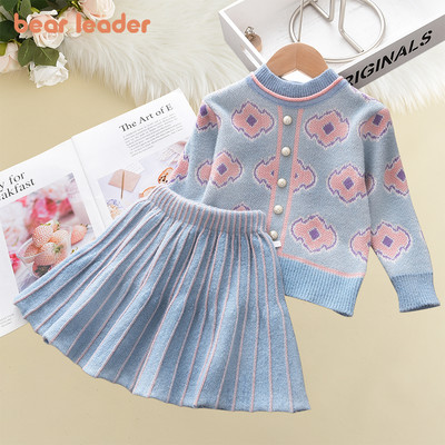 Bear Leader Girls Baby 2023 Модни зимни комплекти плетени дрехи Пуловери с анимационни филми Топове с волани Пола Тоалети Детски дрехи