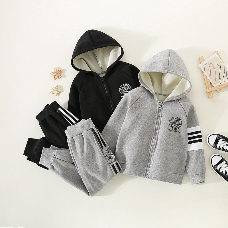 Talvepoiste triibuline sooja fliisvoodriga tõmblukuga kapuuts + dressipüksid, koolilaste dressid, laste varustus, sörkimiskostüüm 1–11 a.