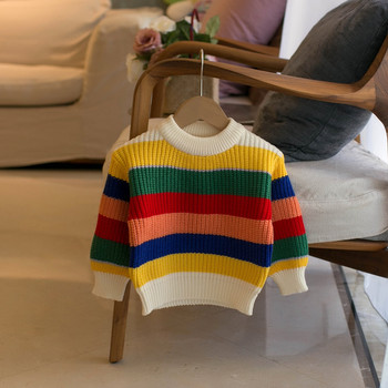 Плетен пуловер за момичета на 1-8 години, О-образно деколте, пуловер с дъгови райета, пролет, есен, ежедневни дрехи, горнища, детско връхно облекло FY09284