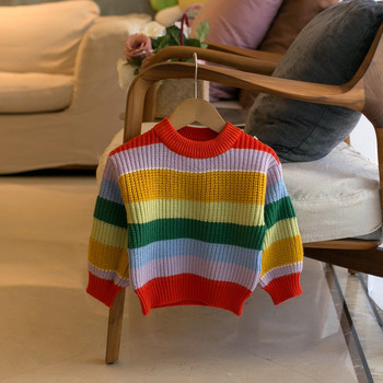 Плетен пуловер за момичета на 1-8 години, О-образно деколте, пуловер с дъгови райета, пролет, есен, ежедневни дрехи, горнища, детско връхно облекло FY09284