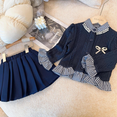 Kislány hercegnő ruha szett Kötött kardigán+redős szoknya 2 DB csecsemő tipegő gyerek masni gyöngy iskolai öltöny babaruha 1-7Y