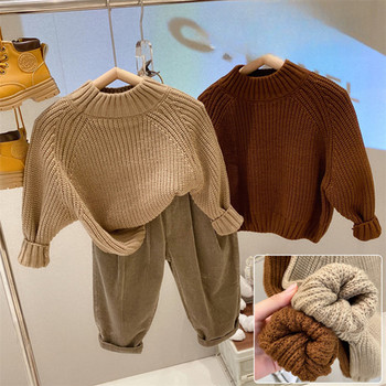 Детско облекло Унисекс пуловер Корейски 2023 Есен Нов удебелен зимен полувисока яка Прост стил Едноцветен моден плетен