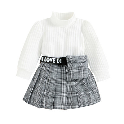 1-6 ani Fete Haine de toamnă de iarnă Culoare uni Tricou cu mâneci lungi cu guler cu nervuri Fusta plisată în carouri cu ținute de geantă în talie