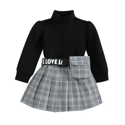 1-6 ani Fete Haine de toamnă de iarnă Culoare uni Tricou cu mâneci lungi cu guler cu nervuri Fusta plisată în carouri cu ținute de geantă în talie