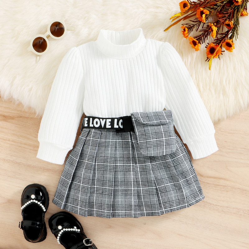 1-6 ani Fete Haine de toamnă de iarnă Culoare uni Tricou cu mâneci lungi cu guler cu nervuri Fusta plisată în carouri cu ținute de geantă în talie