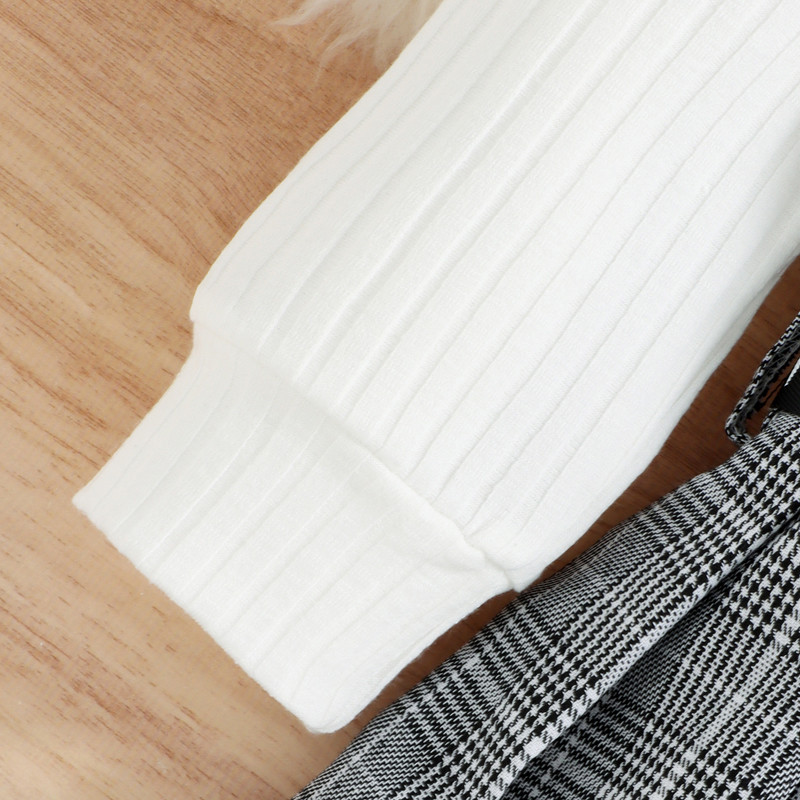 1-6 ani Fete Haine de toamnă de iarnă Culoare uni Tricou cu mâneci lungi cu guler cu nervuri Fusta plisată în carouri cu ținute de geantă în talie