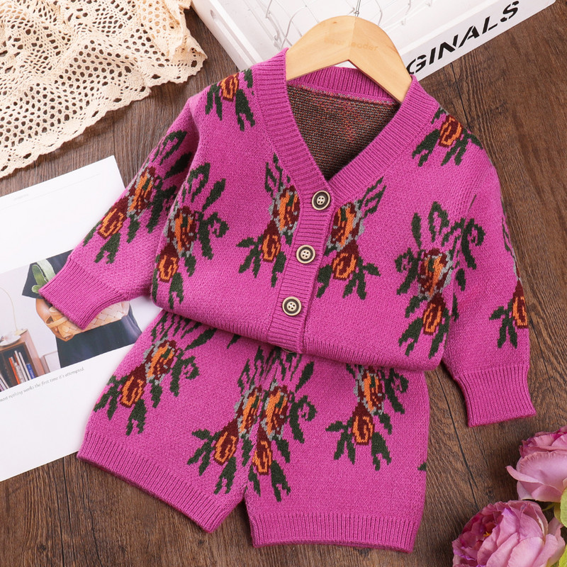 Σετ πουλόβερ για κορίτσια Bear Leader 2023 Φθινόπωρο και Χειμώνας Νέο μπλουζάκι με εμπριμέ ζακέτα + σορτς Σετ πλεκτού για κορίτσια δύο τεμαχίων