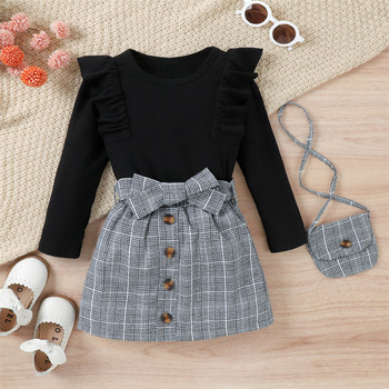 Φθινοπωρινό σετ παιδικών ρούχων για κορίτσια 3-7Y Βολάν Διακοσμητικά μακρυμάνικα μπλουζάκια + καρό κοντές φούστες + τσάντα ώμου 3 τμχ Βρεφικά ρούχα μόδας