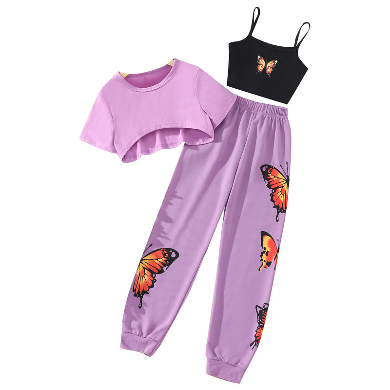 Tüdrukute suvemoodne kolmeosaline komplekt, mis on ühendatud lühikeste varrukatega T-särkide liblikarihmade ja pükste kolmeosalise komplektiga