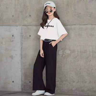 Set fete 2023 vara copil tricou cu maneca scurta + pantaloni cu picioare late Seturi 2 buc tinute casual copii adolescente imbracaminte fetita de la 5 la 14 ani