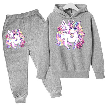 Unicorn Hoodie Животно Hoodie Комплект суичър с качулка Есенен детски суичър с качулка + панталон Комплект от 2 части Тийнейджърско сладко момиче с качулка 4-14 години