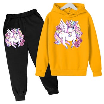 Unicorn Hoodie Животно Hoodie Комплект суичър с качулка Есенен детски суичър с качулка + панталон Комплект от 2 части Тийнейджърско сладко момиче с качулка 4-14 години